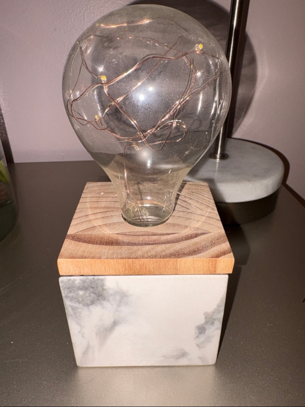 LED Glass Bulb Table Accent with Marble Base and Wood Lid - Clear